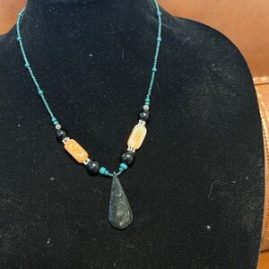 Elegant Onyx Beaded Necklace with Teal and Orange Accents